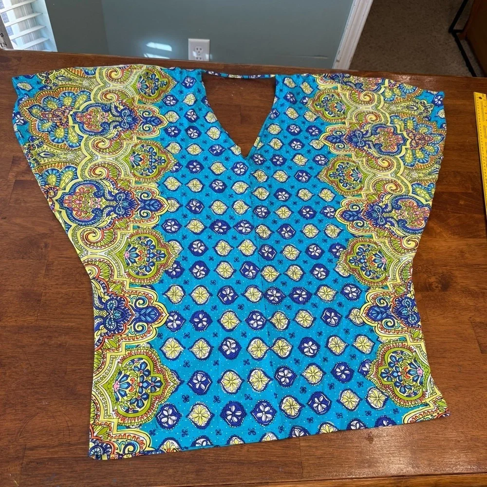 Trina Turk Blue and Yellow swim cover up tunic Corsica print sz Large swim & spa